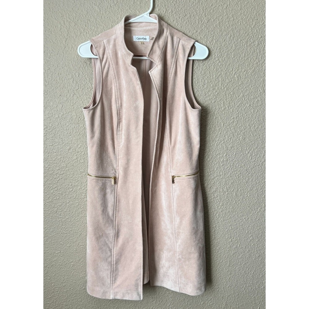 Calvin Klein Womens Faux Suede Pink Zipped Pockets Open Front Long Vest Size 8